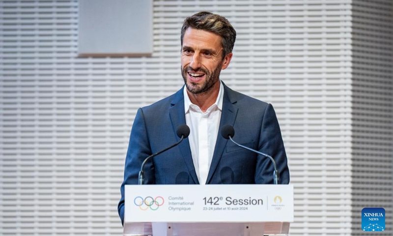 Tony Estanguet, president of the Paris 2024 Olympics and Paralympics Organizing Committee, speaks during the 142nd IOC Session Opening Ceremony at the Louis Vuitton Foundation in Paris, France on July 22, 2024. (Xinhua/Sun Fei)