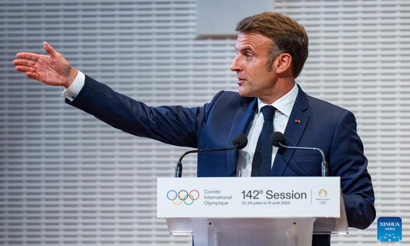 French President Emmanuel Macron speaks during the 142nd IOC Session Opening Ceremony at the Louis Vuitton Foundation in Paris, France on July 22, 2024. (Xinhua/Sun Fei)