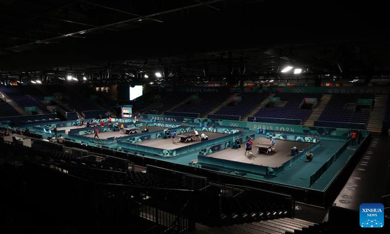 Chinese national table tennis team attend a training session for Paris 2024 in South Paris Arena, Paris, France, July 22, 2024. (Xinhua/Wang Dongzhen)