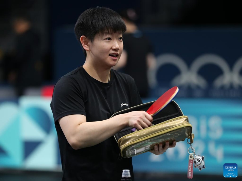 Sun Yingsha of the Chinese national table tennis team reacts during a training session for Paris 2024 in South Paris Arena, Paris, France, July 22, 2024. (Xinhua/Wang Dongzhen)