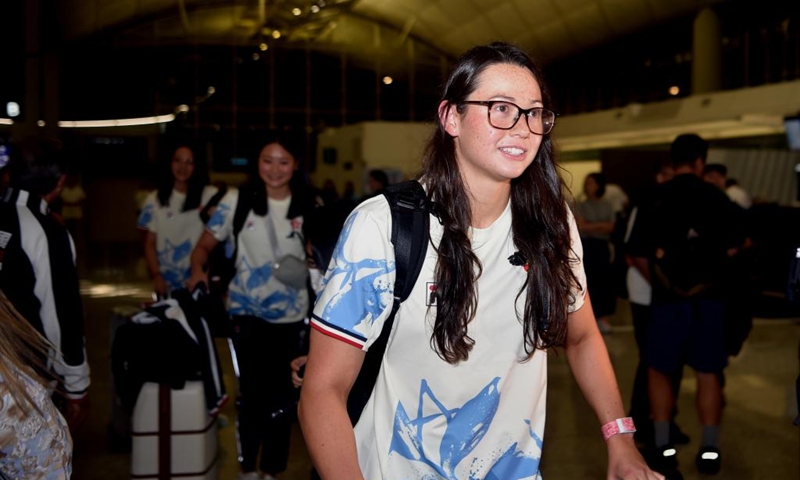 Athlete Siobhan Bernadette Haughey of the delegation of China's Hong Kong is seen before the departure for Paris 2024 Olympic Games at the Hong Kong International Airport in Hong Kong, south China, July 22, 2024. (Xinhua/Lo Ping Fai)