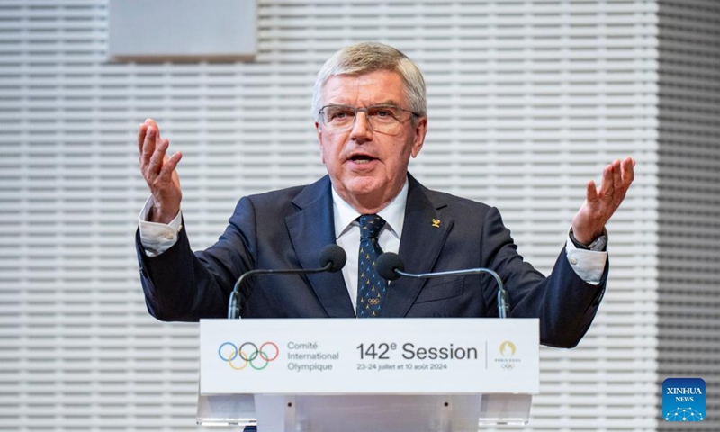 IOC President Thomas Bach speaks during the 142nd IOC Session Opening Ceremony at the Louis Vuitton Foundation in Paris, France on July 22, 2024. (Xinhua/Sun Fei)