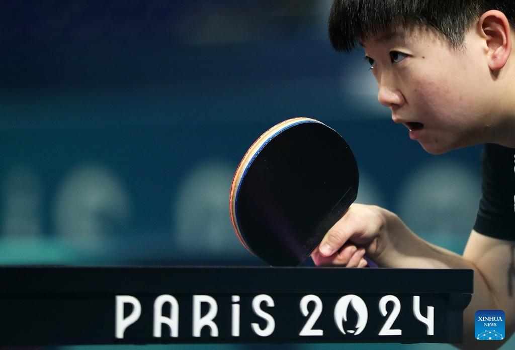 Sun Yingsha of the Chinese national table tennis team reacts during a training session for Paris 2024 in South Paris Arena, Paris, France, July 22, 2024. (Xinhua/Wang Dongzhen)