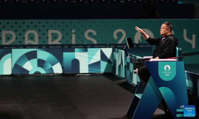 Liu Guoliang, president of the Chinese Table Tennis Association, gestures during a training session for Paris 2024 in South Paris Arena, Paris, France, July 22, 2024. (Xinhua/Wang Dongzhen)