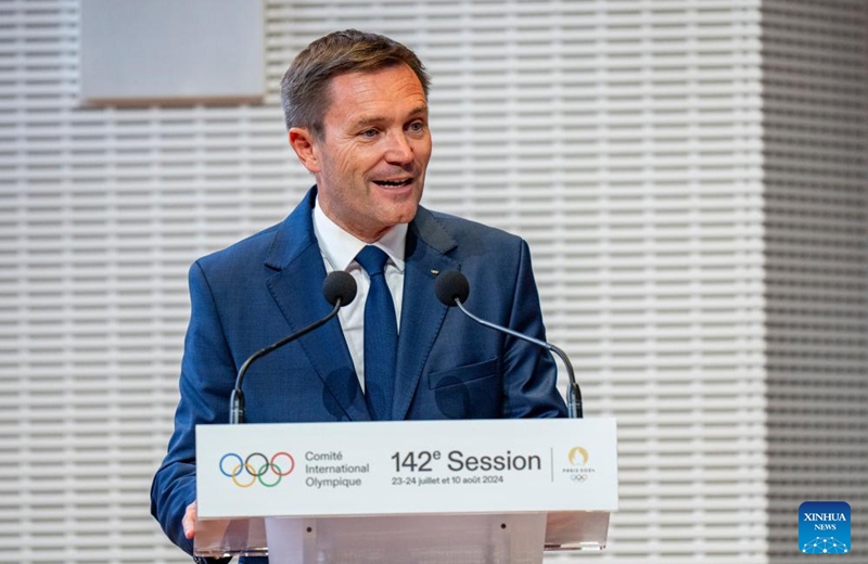 French National Olympic and Sports Committee (CNOSF) President David Lappartient speaks during the 142nd IOC Session Opening Ceremony at the Louis Vuitton Foundation in Paris, France on July 22, 2024. (Xinhua/Sun Fei)