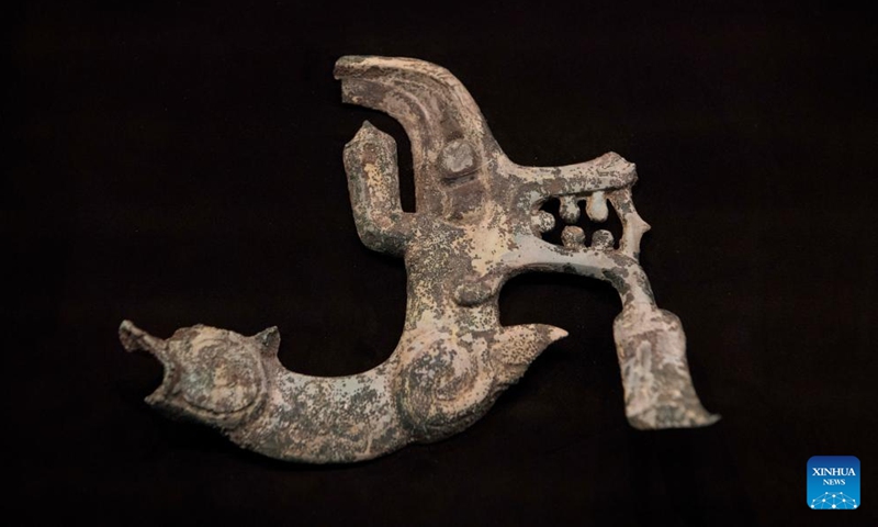 A bronze dragon head is displayed at the Sanxingdui Museum in Guanghan City, southwest China's Sichuan Province, July 21, 2024. (Photo: Xinhua)