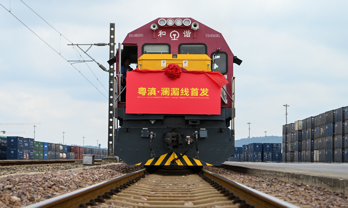 An international freight train leaves a depot in Kunming, Southwest China's Yunnan Province on July 24, 2024, heading for Guangzhou, South China's Guangdong Province. A separate freight train service was launched on the same day from Kunming to connect with Vientiane, Laos and Bangkok, forming a network that connects Southwest China, South China and Southeast Asia. Photo: cnsphoto