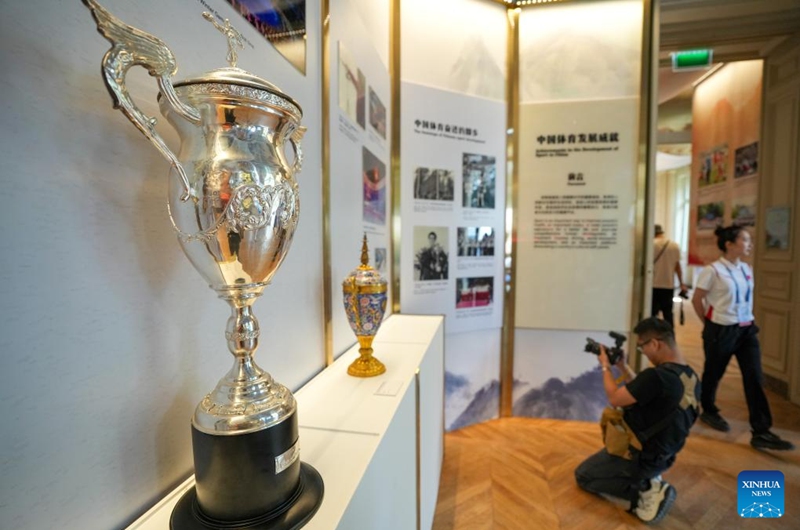 This photo taken on July 24, 2024 shows the 1981 FIVB Women's World Cup trophy on display at the China House in Paris, France. The China House for the Paris 2024 Olympic Games was inaugurated at the Hotel Salomon de Rothschild in Paris on Wednesday. Photo: Xinhua