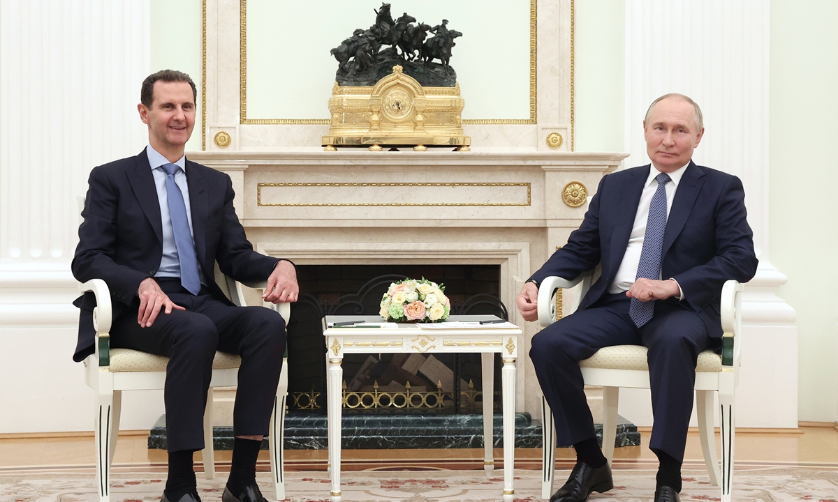 

Russian President Vladimir Putin attends a meeting with Syrian President Bashar al-Assad at the Kremlin in Moscow, Russia, July 24, 2024. A video published by the Kremlin showed Putin greeted Assad with a handshake, after which the two leaders sat down before cameras to discuss the situation in Syria and the Middle East. Photo: VCG