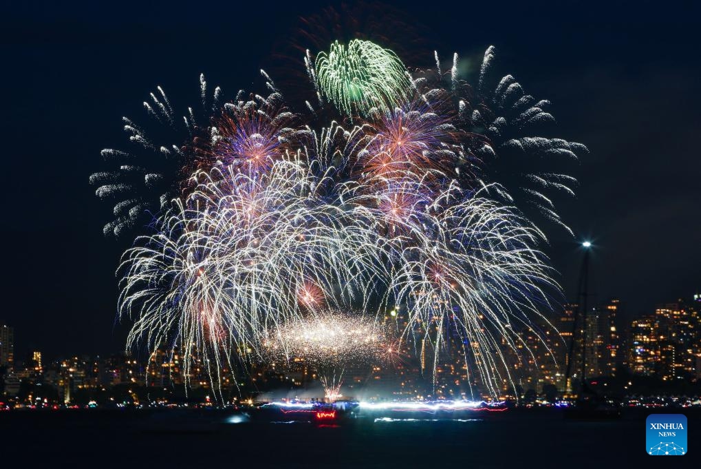 Fireworks performed by team Malaysia light up the sky at English Bay in Vancouver, British Columbia, Canada, July 24, 2024. The fireworks show marked the second fireworks performance of the 2024 Vancouver Celebration of Light. (Photo: Xinhua)