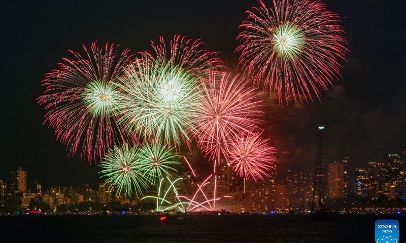 Fireworks performed by team Malaysia light up the sky at English Bay in Vancouver, British Columbia, Canada, July 24, 2024. The fireworks show marked the second fireworks performance of the 2024 Vancouver Celebration of Light. (Photo: Xinhua)