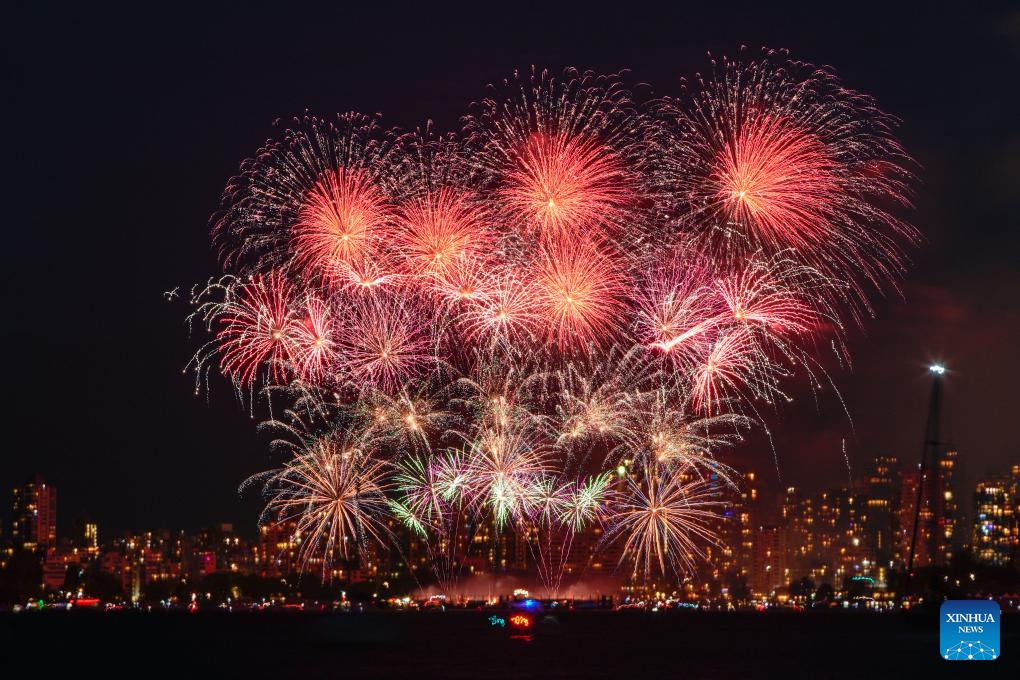 Fireworks performed by team Malaysia light up the sky at English Bay in Vancouver, British Columbia, Canada, July 24, 2024. The fireworks show marked the second fireworks performance of the 2024 Vancouver Celebration of Light. (Photo: Xinhua)