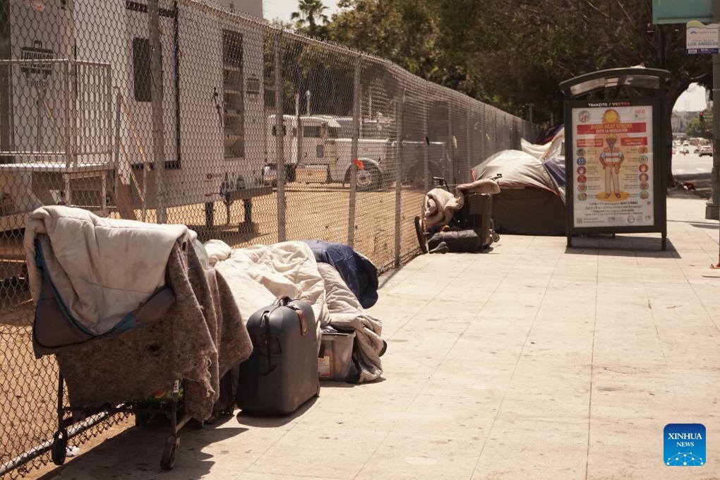 Tents of homeless people are seen in downtown Los Angeles, California, the United States, on July 25, 2024. California governor Gavin Newsom issued an executive order on Thursday directing officials in the most populated U.S. state to urgently address homeless encampments. (Photo: Xinhua)