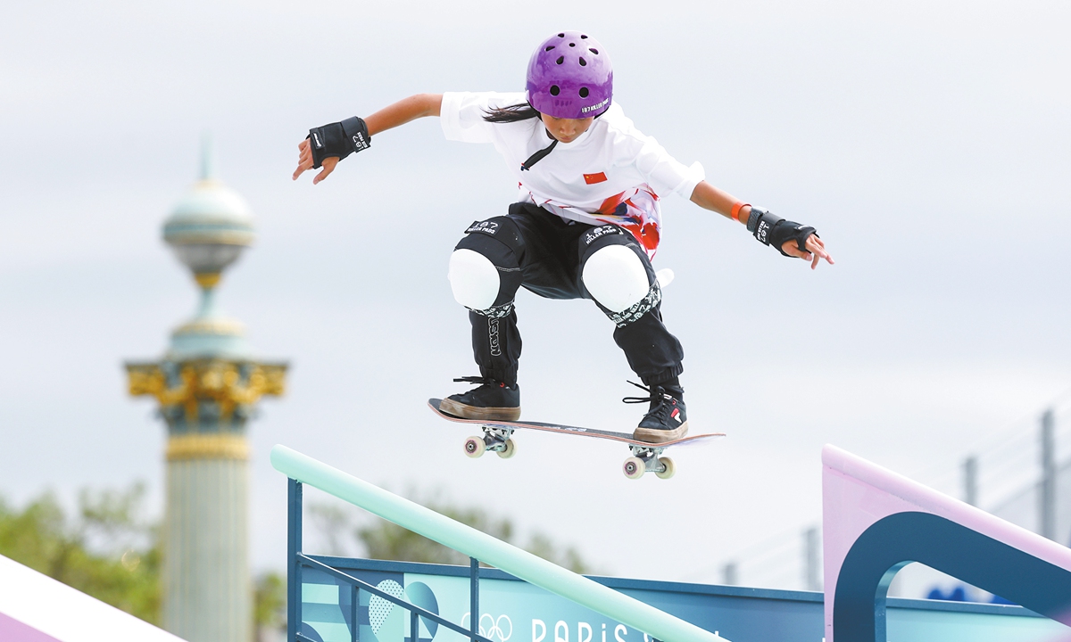 Cui Chenxi of Team China practices skateboarding ahead of the Paris Olympic Games on July 23, 2024 in Paris. Photo: VCG