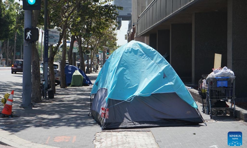 Tents of homeless people are seen in downtown Los Angeles, California, the United States, on July 25, 2024. California governor Gavin Newsom issued an executive order on Thursday directing officials in the most populated U.S. state to urgently address homeless encampments. (Photo: Xinhua)