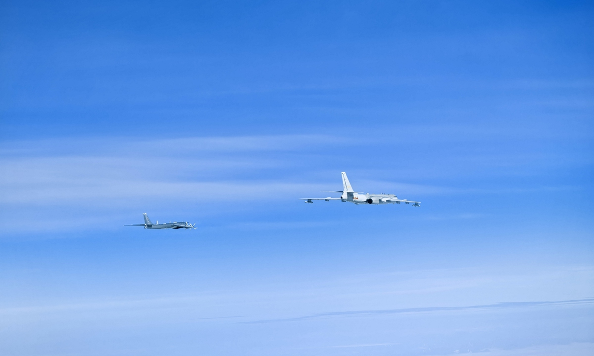 A China-Russia air force bomber formation flies over the Bering Sea on July 25, 2024 in the eighth joint aerial strategic patrol by the Chinese and Russian militaries. Photo: Courtesy of the PLA Air Force 