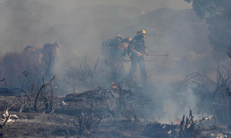 Firefighters operate at a site of the Post Fire in Gorman, about 100 km north of Los Angeles, California, the United States on June 16, 2024. Photo: Xinhua