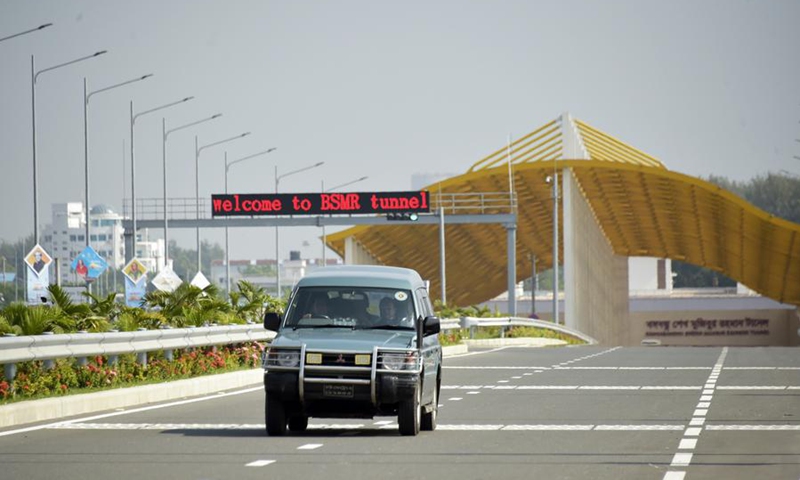 A vehicle runs out of the Chinese-built underwater Bangabandhu Sheikh Mujibur Rahman Tunnel in Chattogram, Bangladesh, Oct. 29, 2023. Photo: Xinhua