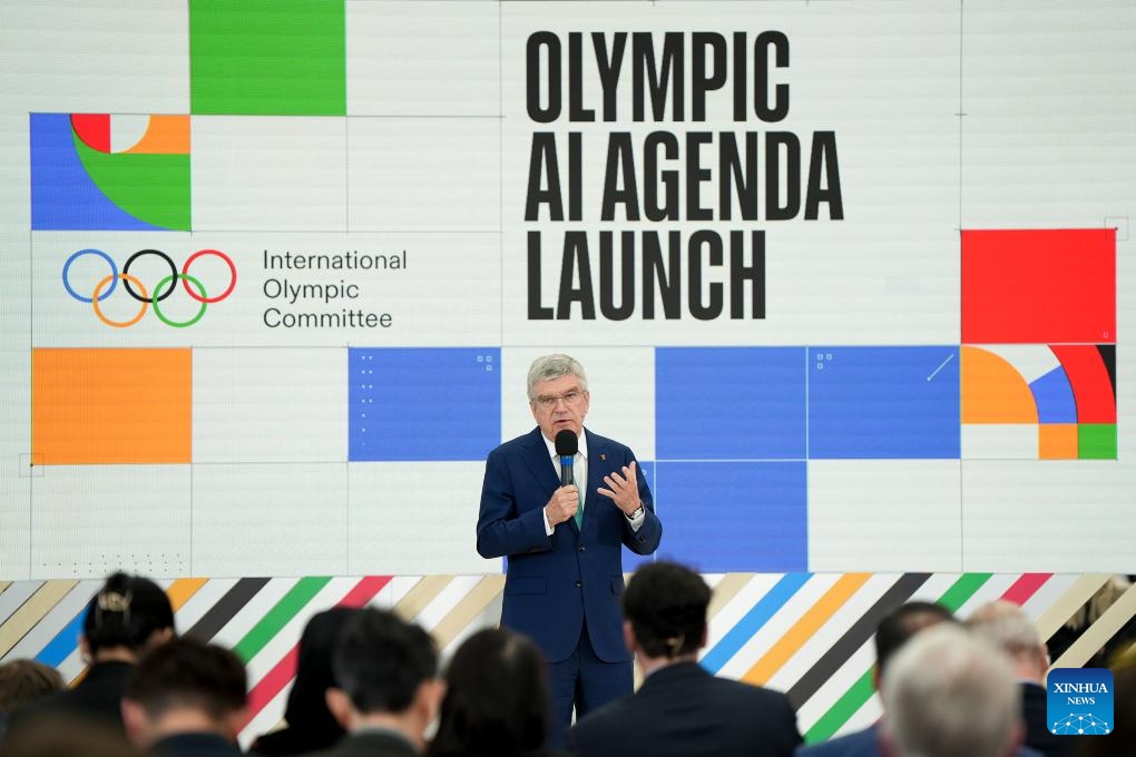 The<strong></strong> International Olympic Committee president Thomas Bach speaks during a press conference on the launch of the Olympic AI Agenda in London, Britain, on April 19, 2024. The International Olympic Committee (IOC) launched the Olympic AI Agenda here on Friday, setting out the envisioned impact that Artificial Intelligence (AI) can deliver for sport and how the IOC intends to lead on the global implementation of AI within sport.(Photo: Xinhua)