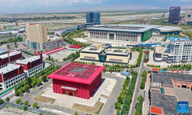 An aerial drone photo taken on July 26, 2024 shows a view of the Horgos International Border Cooperation Center on the China-Kazakhstan border in Horgos, northwest China's Xinjiang Uygur Autonomous Region. Since the implementation of mutual visa exemption between Kazakhstan and China in November 2023, Horgos Port has witnessed a substantial increase of entry and exit tourist trips. In recent days, the Horgos International Border Cooperation Center on the China-Kazakhstan border has ushered in the peak of border tourism. Photo: Xinhua