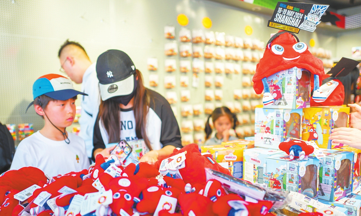 Plush toys of Paris 2024 Olympics mascot Phryge are on display for sale at a licensed merchandise store in Shanghai. Photo: IC