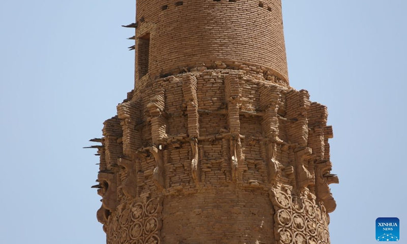 This photo taken on July 28, 2024 shows part of the Minaret of Jam in the Shahrak District, central Afghanistan's Ghor Province. The Minaret of Jam, along with its archaeological remains, was inscribed on the World Heritage List by the United Nations Educational, Scientific and Cultural Organization (UNESCO) in 2002. In May, a huge flood hit the province, posing a threat to the minaret, which stands near the Hari River. Photo: Xinhua