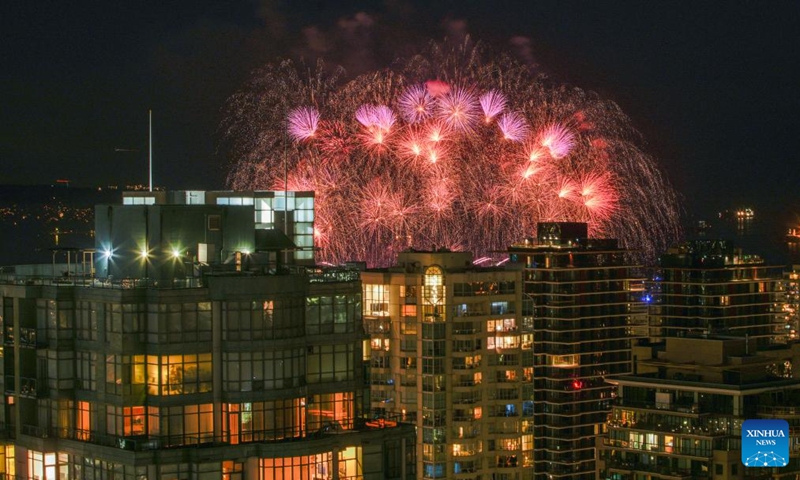 Fireworks performed by team United Kingdom light up the sky at English Bay in Vancouver, British Columbia, Canada, July 27, 2024. Photo: Xinhua