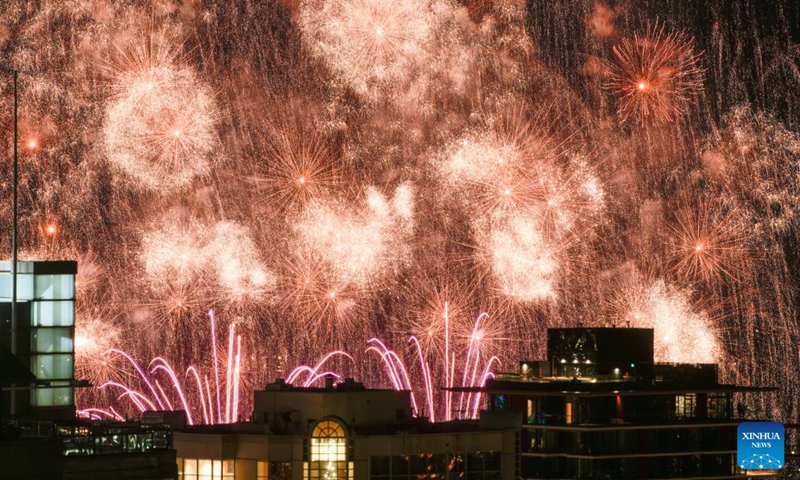 Fireworks performed by team United Kingdom light up the sky at English Bay in Vancouver, British Columbia, Canada, July 27, 2024. Photo: Xinhua