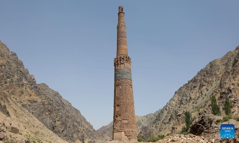 This photo taken on July 28, 2024 shows the Minaret of Jam and its surrounding area in the Shahrak District, central Afghanistan's Ghor Province. The Minaret of Jam, along with its archaeological remains, was inscribed on the World Heritage List by the United Nations Educational, Scientific and Cultural Organization (UNESCO) in 2002. In May, a huge flood hit the province, posing a threat to the minaret, which stands near the Hari River. Photo: Xinhua