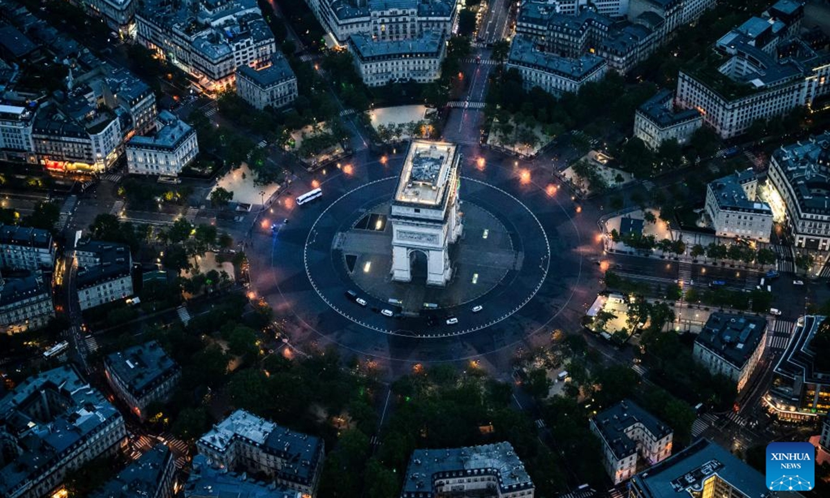 This photo taken from an helicopter on July 26, 2024 shows an aerial view of the Arc de Triomphe during the opening ceremony of the Paris 2024 Olympic Games in Paris, France. Photo: Xinhua