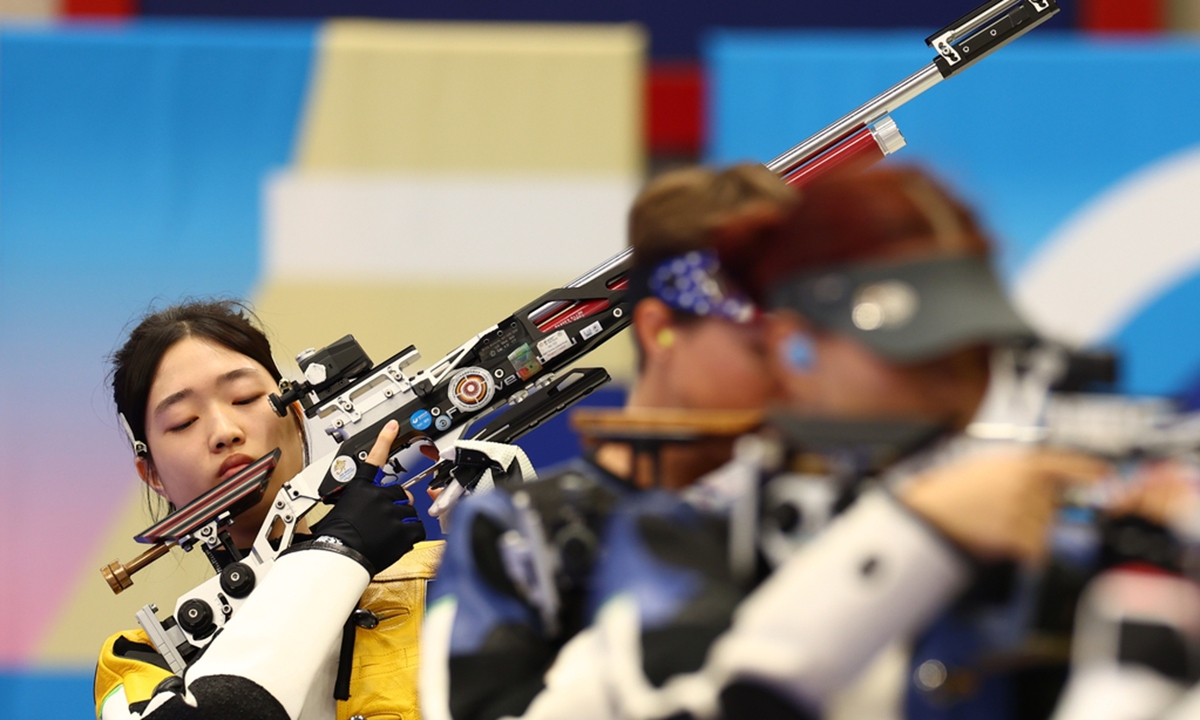 In the women's 10m air rifle final at the Paris 2024 Olympics on July 29, 2024 Huang Yuting narrowly missed out on gold by 0.1 points in a shoot-off, finishing with silver behind South Korea's Pan Hyo-jin. Photo: IC