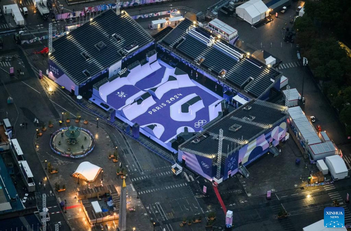 This photo taken from an helicopter on July 26, 2024 shows an aerial view of the Place de la Concorde with its Olympic venue during the opening ceremony of the Paris 2024 Olympic Games in Paris, France. Photo: Xinhua