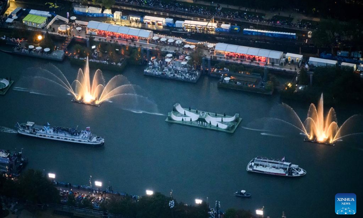 This photo taken from an helicopter on July 26, 2024 shows an aerial view of the delegation boats navigating along the Seine during the opening ceremony of the Paris 2024 Olympic Games in Paris, France. Photo: Xinhua