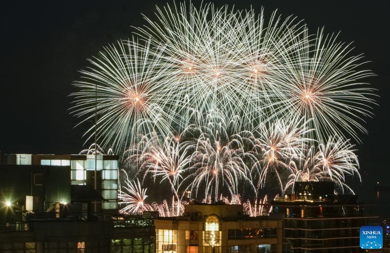 Fireworks performed by team United Kingdom light up the sky at English Bay in Vancouver, British Columbia, Canada, July 27, 2024. Photo: Xinhua