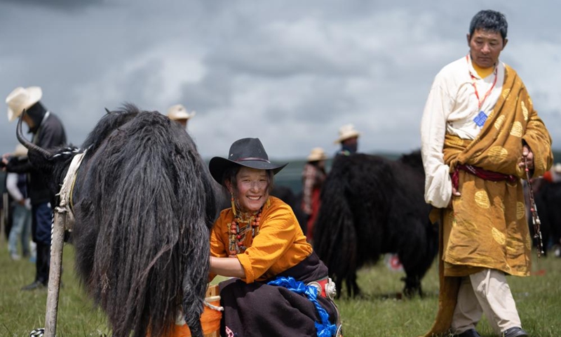 A woman participates in a milking competition on a grassland in Baiyu County, Garze Tibetan Autonomous Prefecture, southwest China's Sichuan Province, July 27, 2024. A rural folk event kicked off here on Saturday, consisting of performances, milking competition, yak beauty contest, horse racing and other activities. Photo: Xinhua