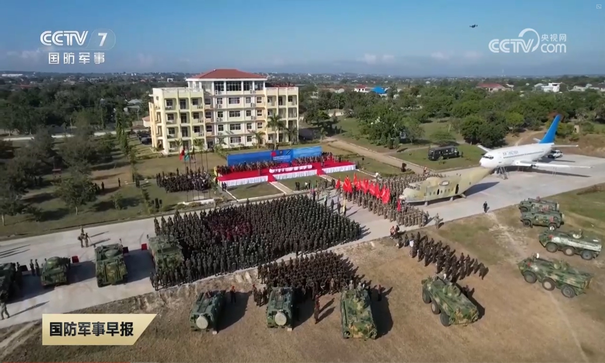 Chinese and Tanzanian troops line up at the opening ceremony of the Peace Unity-2024 joint exercise at the comprehensive training center in Mapinga, Tanzania on July 29, 2024. Photo: Screenshot from China Central Television