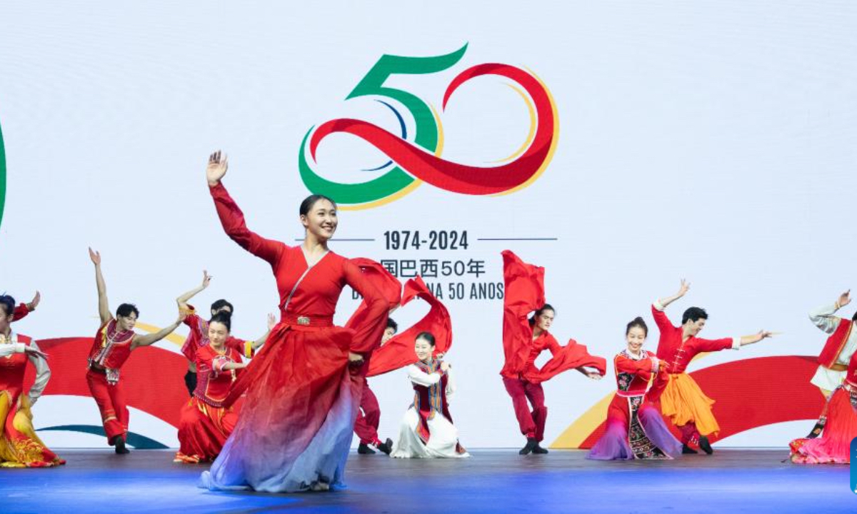 Dancers from Beijing Dance Academy perform at a reception celebrating the 50th anniversary of the establishment of diplomatic relations between China and Brazil in Brasilia, capital of Brazil, Aug. 15, 2024. (Photo: Xinhua)