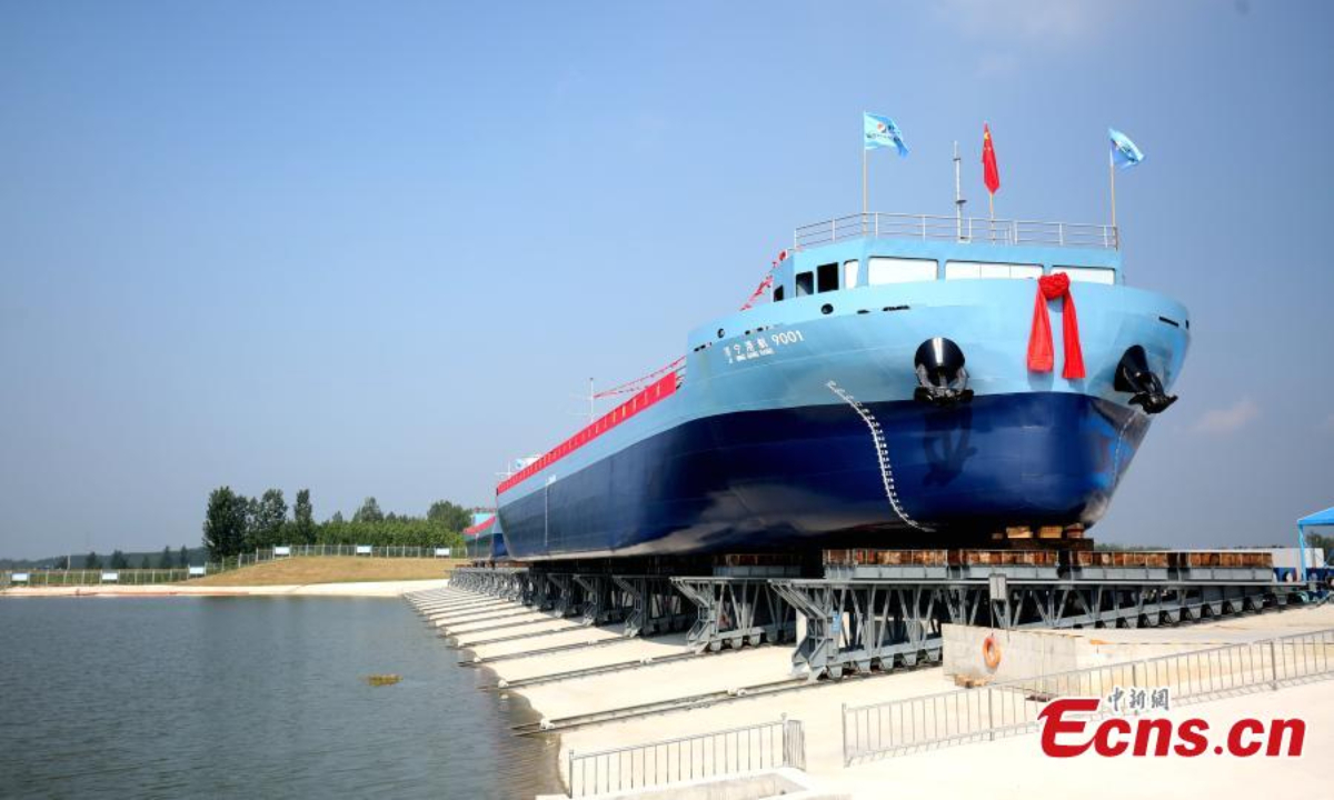 A new energy smart cargo ship, which will run along the Beijing-Hangzhou Grand Canal, is launched in Zoucheng, east China's Shandong Province, Aug 22, 2024. Photo:China News Service