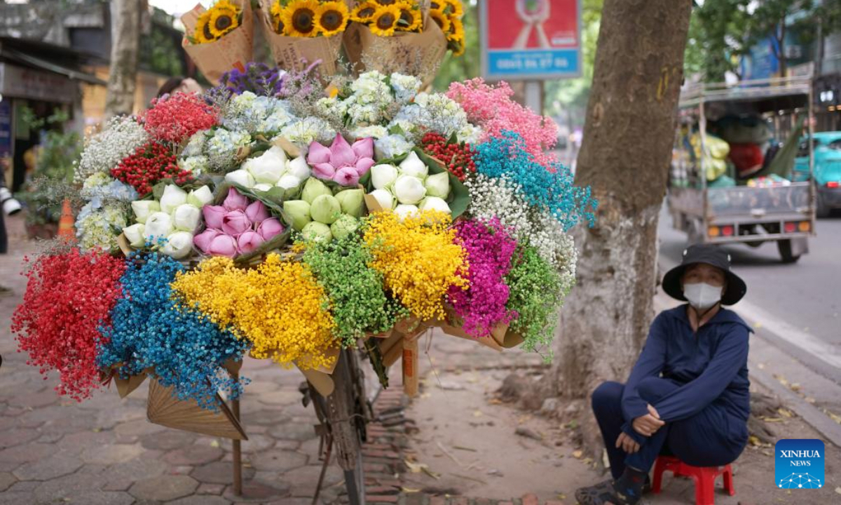 A woman selling flowers sits beside her stall in Hanoi, Vietnam, Aug. 16, 2024. (Photo: Xinhua)