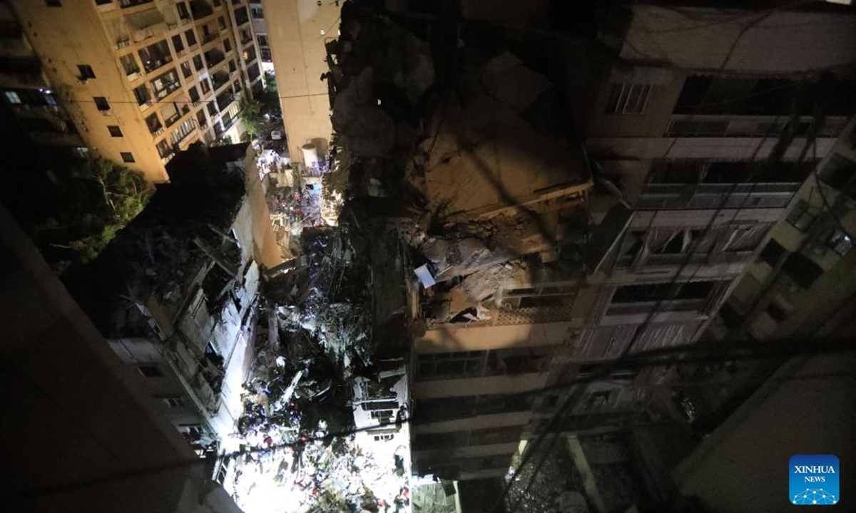 A building is seen destroyed after being struck in an Israeli attack in the southern suburb of Beirut, Lebanon, on July 30, 2024. Israel's army announced on Tuesday that it killed Hezbollah's top military commander, Fouad Shokor, in an airstrike in Beirut, saying the assassination was a retaliation for a cross-border rocket that killed 12 youngsters on Saturday.  (Photo: Xinhua)