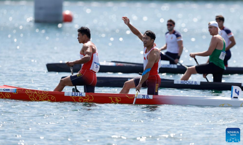 Liu Hao (left)/Ji Bowen of China react after the men's canoe double 500m final of canoe sprint at the Paris <strong></strong>2024 Olympic Games in Vaires-sur-Marne, France, on August 8, 2024. Photo: Xinhua/Shen Bohan