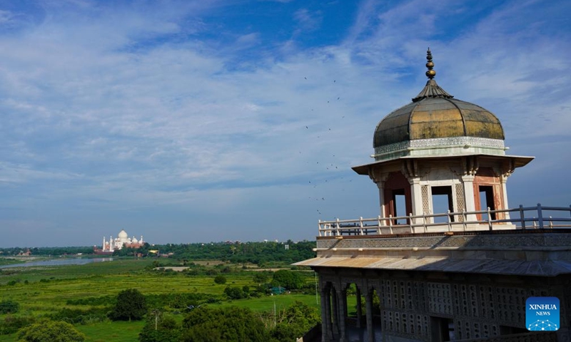 This photo taken on Aug. 3, 2024 shows a view of Taj Mahal seen from the Red Fort of Agra in Agra, India. Near the gardens of the Taj Mahal stands the 16th-century Mughal monument known as the Red Fort of Agra. This fortress of red sandstone encompasses, within its 2.5-km-long enclosure walls, the imperial city of the Mughal rulers. It was listed as a World Heritage Site by the UNESCO in 1983. Photo: Xinhua