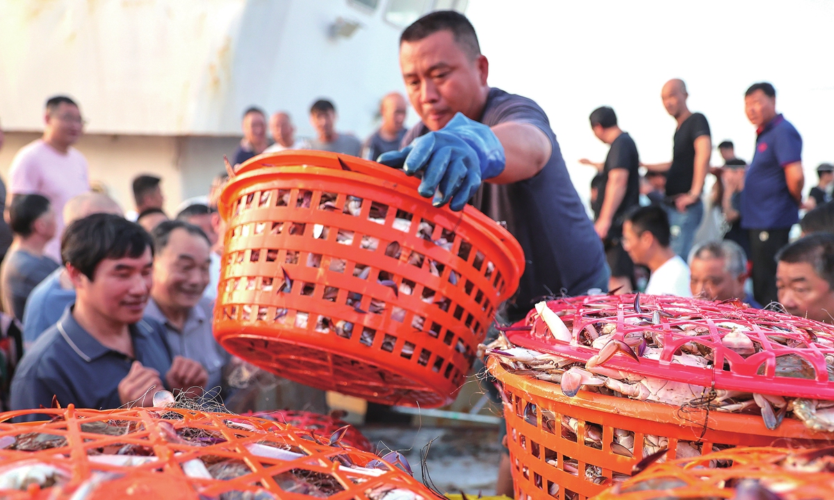 A fisherman unloads baskets full of fresh crabs from the first batch of returning boats at a dock in Zhoushan China International Aquatic City, East China's Zhejiang Province, on August 2, 2024. With the fishing season of the East China Sea resuming at noon on August 1, more fresh aquatic products including fish, crab and shrimp will be served on Chinese families' tables. Photo: VCG