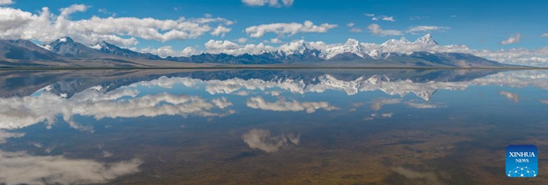 An aerial panoramic photo taken on Aug. 1, 2024 shows the scenery of Mount Chomolhari in Yadong County of Xigaze City, southwest China's Xizang Autonomous Region. (Xinhua/Jiang Fan)