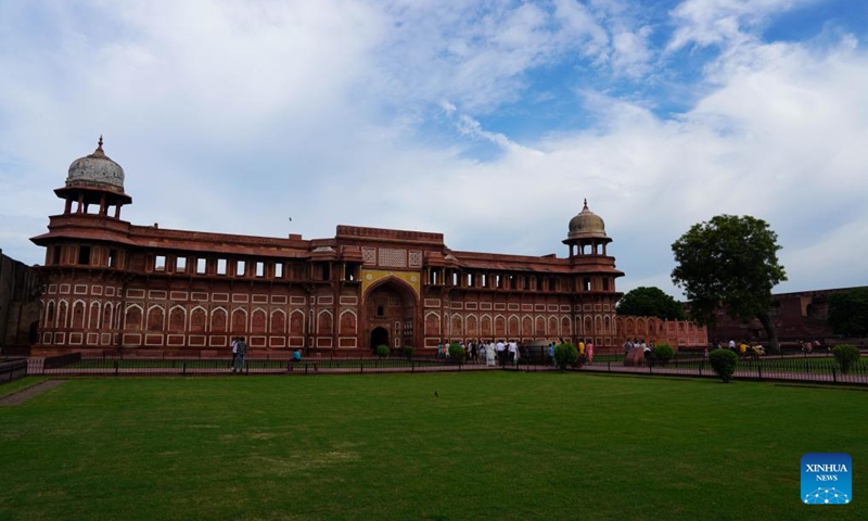 This photo taken on Aug. 3, 2024 shows a view at the Red Fort of Agra in Agra, India. Near the gardens of the Taj Mahal stands the 16th-century Mughal monument known as the Red Fort of Agra. This fortress of red sandstone encompasses, within its 2.5-km-long enclosure walls, the imperial city of the Mughal rulers. It was listed as a World Heritage Site by the UNESCO in 1983. Photo: Xinhua