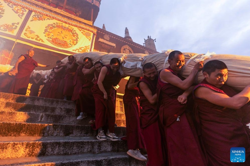 Monks carry an enormous rolled-up thangka painting of Buddha at the Drepung Monastery in Lhasa, southwest China's Xizang Autonomous Region, Aug. 4, 2024. Celebrations marking the traditional Shoton Festival, or Yogurt Festival, began in Lhasa, capital of southwest China's Xizang Autonomous Region, on Sunday. Photo: Xinhua