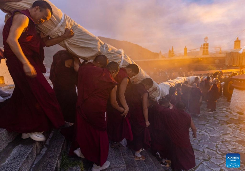 Monks carry an enormous rolled-up thangka painting of Buddha at the Drepung Monastery in Lhasa, southwest China's Xizang Autonomous Region, Aug. 4, 2024. Celebrations marking the traditional Shoton Festival, or Yogurt Festival, began in Lhasa, capital of southwest China's Xizang Autonomous Region, on Sunday. Photo: Xinhua