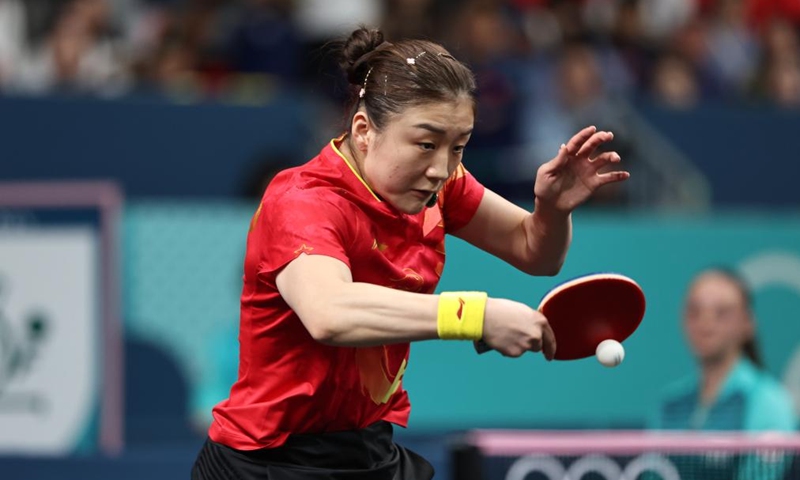 hen Meng of China competes during the women's singles gold medal match of table tennis <strong></strong>between Sun Yingsha and Chen Meng of China at the Paris 2024 Olympic Games in Paris, France, on Aug. 3, 2024. (Xinhua/Wang Dongzhen)