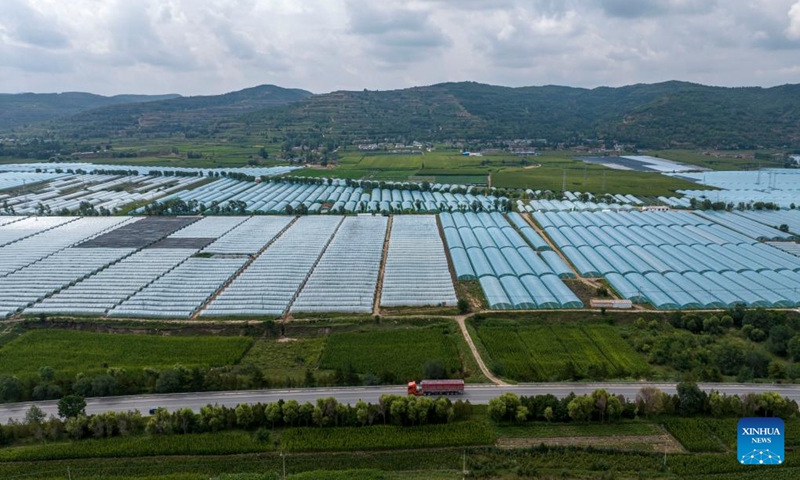 An aerial drone photo taken on Aug. 2, 2024 shows a vegetable planting base at Shatang Township in Guyuan City, northwest China's Ningxia Hui Autonomous Region. In recent years, Shatang Township has attached great importance to the development of facility agriculture, which adopted technologies including the earthworm biotechnology and straw biotechnology to increase vegetables production. Photo: Xinhua