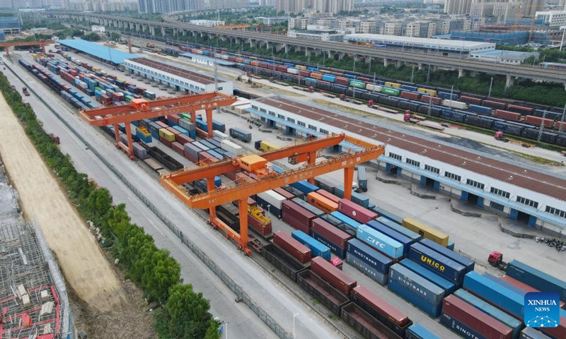 This aerial drone photo taken on Aug. 1, 2024 shows a view of the logistics base of Hefei north railway station in Hefei, east China's Anhui Province. A total of 380 China-Europe freight trains departing from Hefei between January and July this year, marking a 3 percent increase from the previous year. Photo: Xinhua